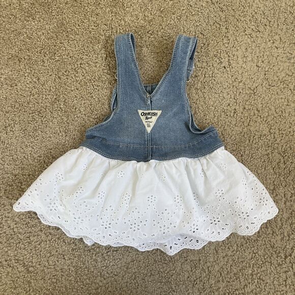 Oshkosh B'Gosh Dress Girls 9M Overall Vestbak Denim White Eyelet Jumper - Picture 2 of 8